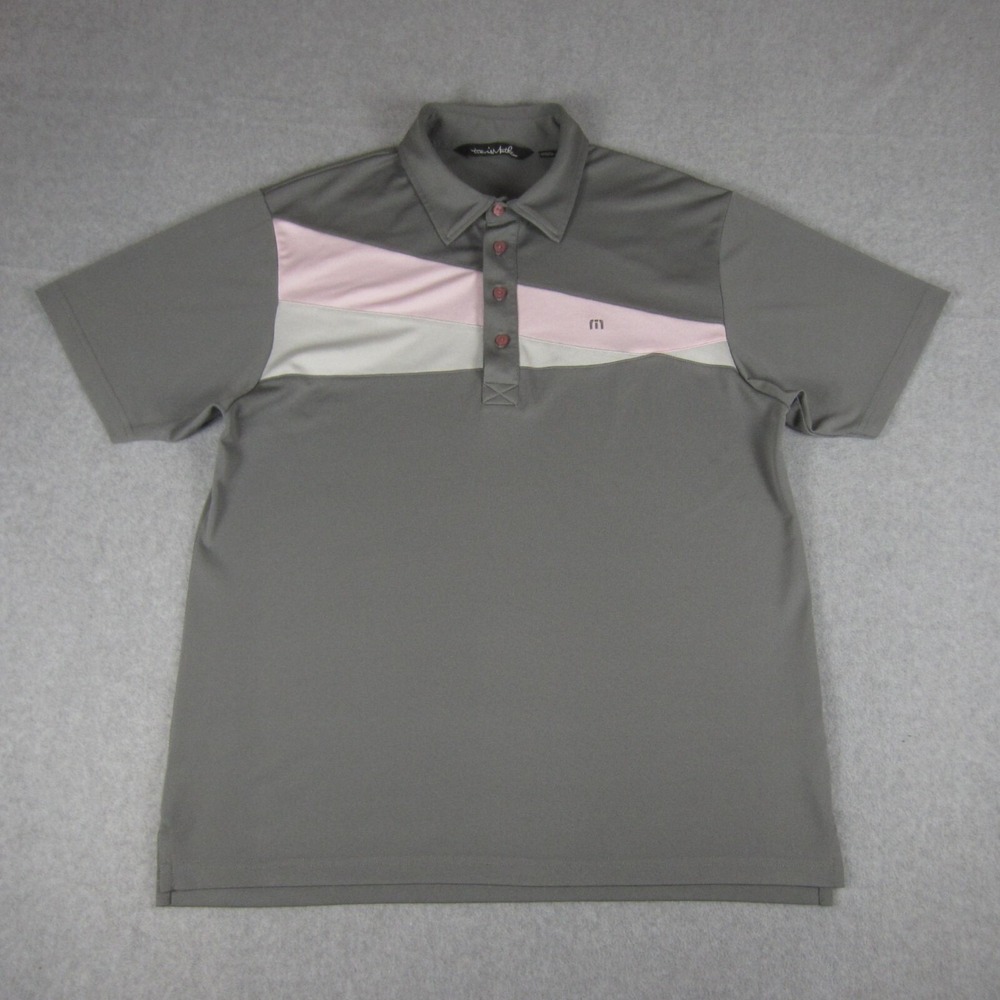 Travis Mathew Polo Shirt Mens L Gray Pink Color Block Performance Stretch READ